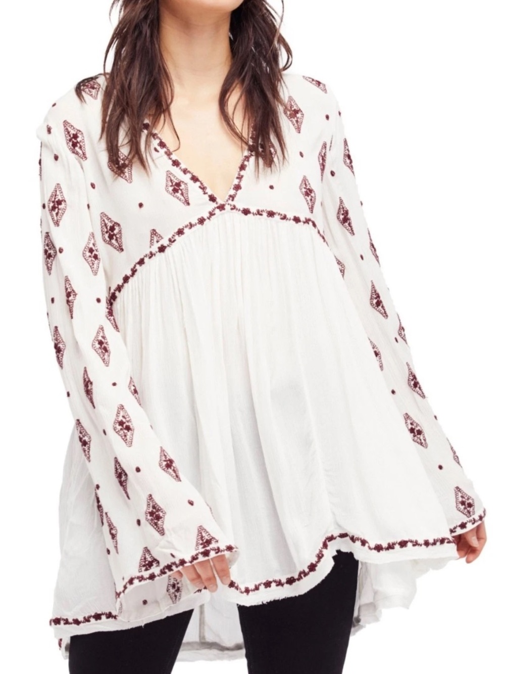 Free People diamond embroidered tunic womans sz large bell sleeves boho prairie